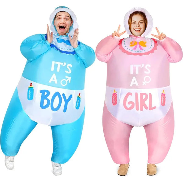 Adults Cute Inflatable Baby Costume Pink Blue Gender Reveal Baby Outfits Suit for Women Men Halloween Carnival Party Cosplay