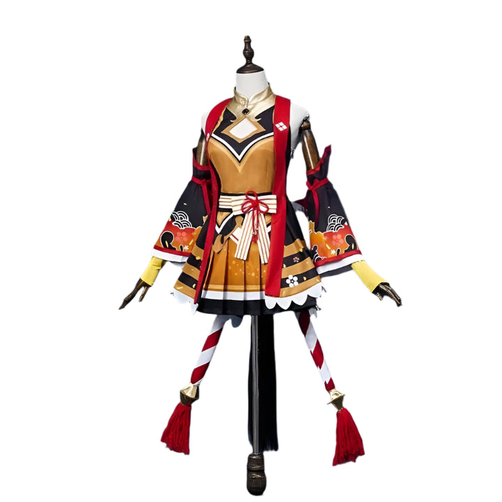 Costume on a mannequin against a dark blue background with decorative elements.