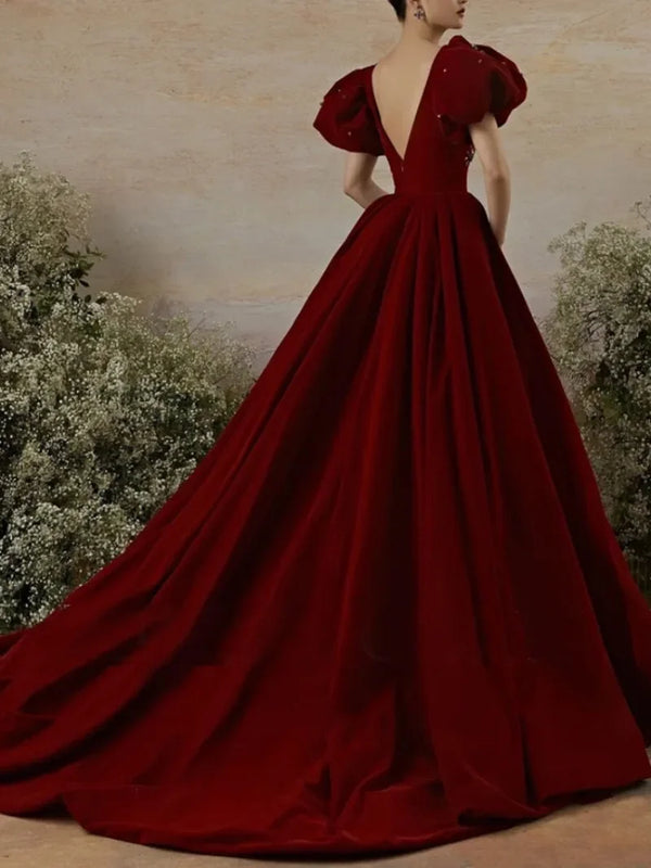 French Exquisite New Solid Slim Waist Wedding Party Dress V-neck Puff Beading Sleeve Prom Dresses V-back Elegant Evening Robe