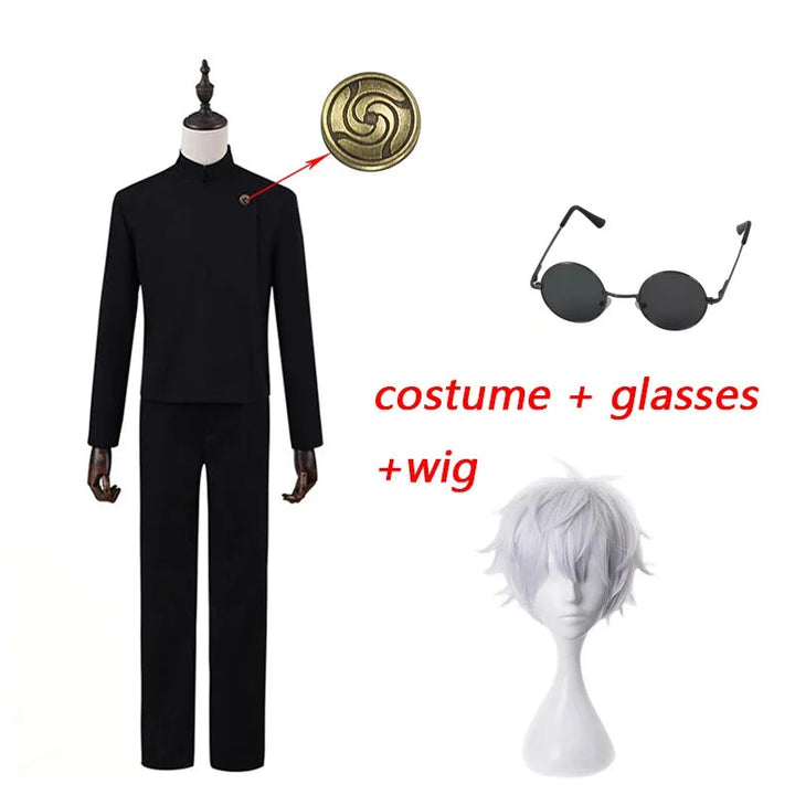 Black costume with glasses, wig, and emblem on a white background