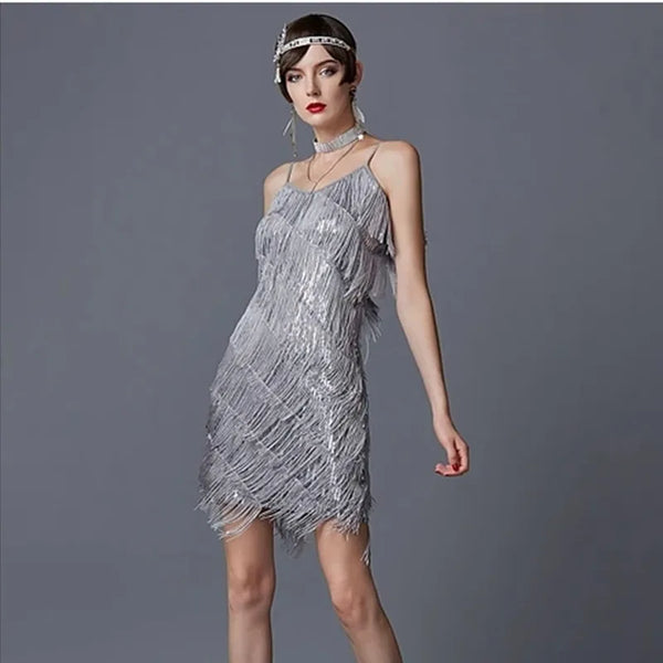 1920s Vintage Great Gatsby Party Sequin Dress Sexy V-Neck Summer Cami Dress Gold Fringe Dress Vestidos Flapper Costumes One Size