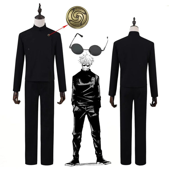 Black cosplay costume with accessories on mannequins, including a shirt, pants, sunglasses, and a badge.