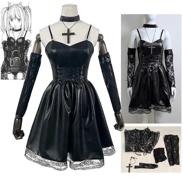 Misa Amane Cosplay Costume Death Note Leather Sexy Dress Outfit with Neck Jewelry Stockings Necklace Uniform Halloween Costume
