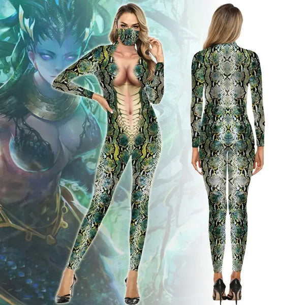 Sexy Snake Print Cosplay Costume Adult Suit Halloween Carnival Zentai Spandex Costume Women Bodysuit Jumpsuits
