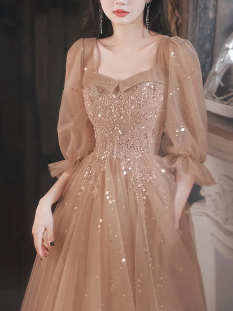 2024 Spring Summer Party Dress Square Collar Long Puff Sleeve Evening ...
