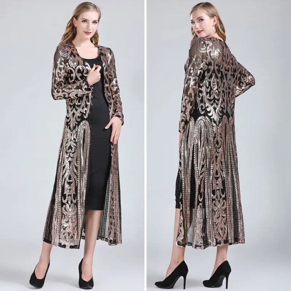 Women Sexy Long Sequin Open Front Mesh Cardigan Embroidery Long Sleeve Blouse Cover Up Coat Evening Prom Party Tops