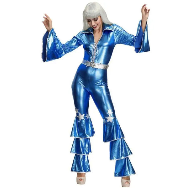 Women 70s Cosplay Disco MAMA Foxy Costume Halloween Carvinal Jumpsuit Blue PU Bell Bottom Romper