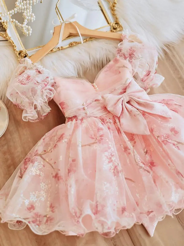 Square Collar Mesh Tiered Kids Birthday Party Dress Flower Printed Bow Ball Gown Princess Robe Puff Sleeve Flower Girls Dresses