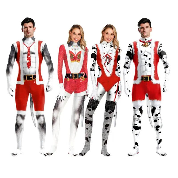 Christmas Santa Women/men Jumpsuit Cosplay Zentai Bodysuit Women 3D Printing Clothes Suit Petsuit Animal Costume with Tail