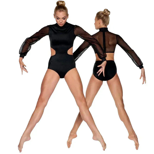 Cut-outs Dance Leotard Girl Women Puff Long Sleeve Zipper Jumpsuit Contemporary Lyrical Ballerina Gymnastics Stage Costume