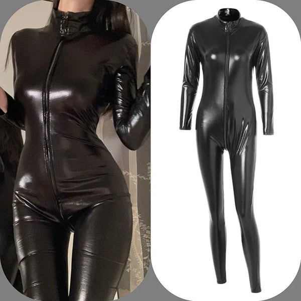Women Sexy Adult Party Jumpsuit For Stage Performance Outfit Halloween Cosplay PU Faux Leather Jumpsuit Suits Long Sleeve Zipper