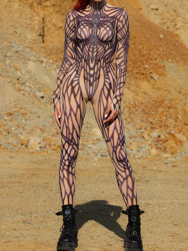 Sexy Women's Zentai Suit Cosplay Grid Lines Pattern Print Bodysuit Tight Jumpsuit Outfit For Halloween Carnival Party Robot Set