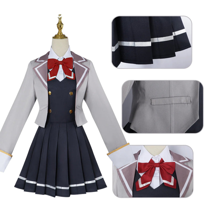 Cosplay costume set with jacket, skirt, and accessories on a mannequin with close-up details.