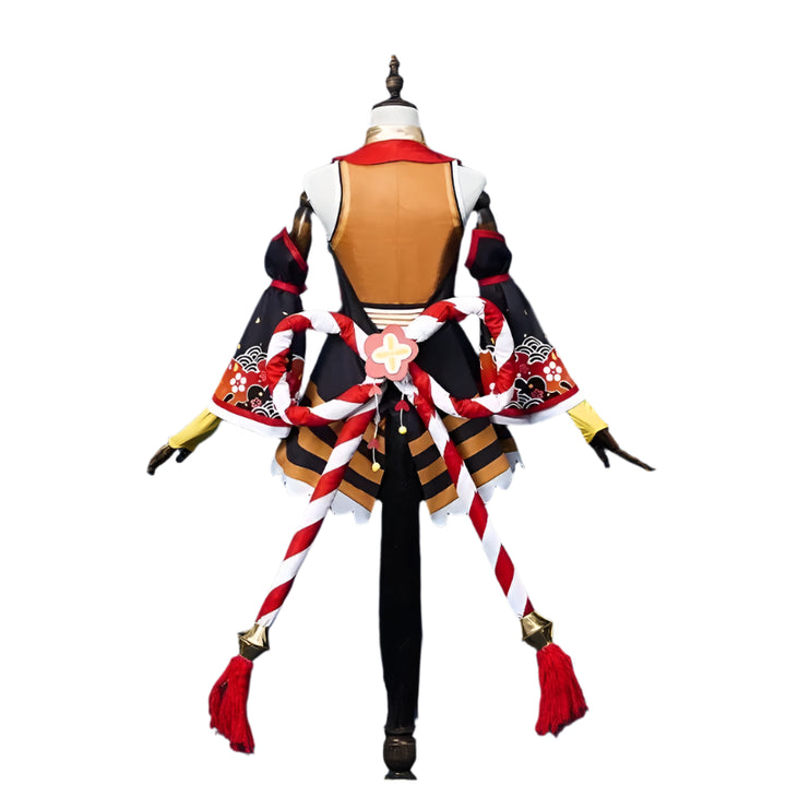 Costume on a mannequin against a dark blue background with decorative elements.