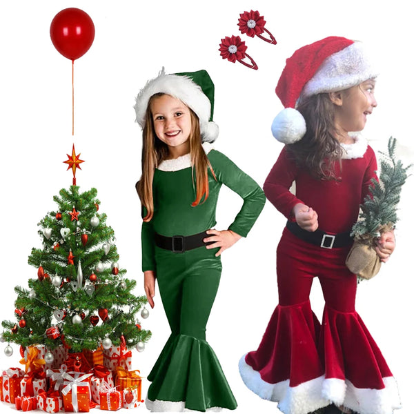 Elf Kids Girls Christmas Costume Santa Claus Toddler Baby Clothes Sets Long Sleeve Top Bell Bottom Pants 3PCS New Year Outfits