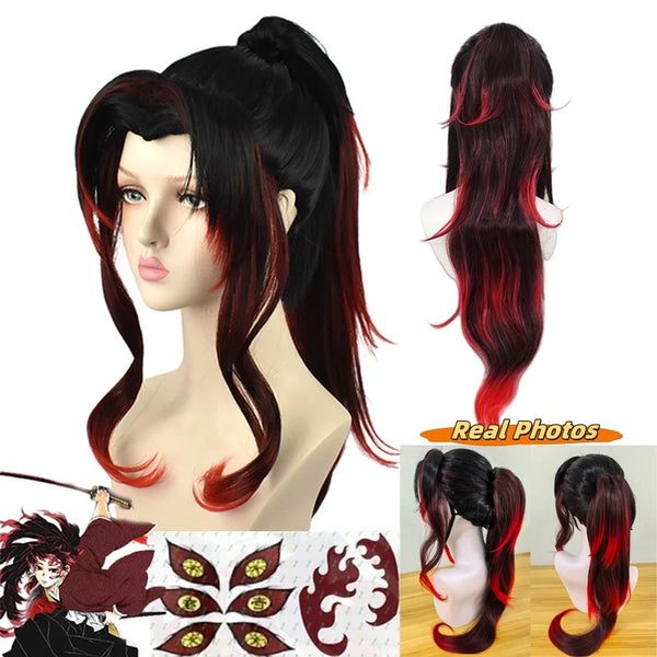 Tsugikuni Yoriichi Black Red Cosplay Wig Long Straight Black Ombre Red Layered Ponytail Clip Wig Anime Cosplay Wig for Halloween