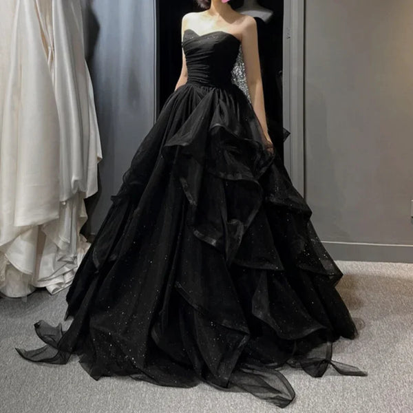 Temperament Black Elegant Wedding Party Dresses Strapless Tiered Draped Prom Robe 2024 New Ball Gown Formal Dress Women Vestidos