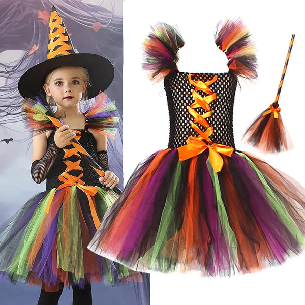 Girls Disguise Witch Costume Set with Tutu Knee Dress Hat Broom Pantyhose - Halloween Carnival Cosplay Party Outfit Kids' Dresse