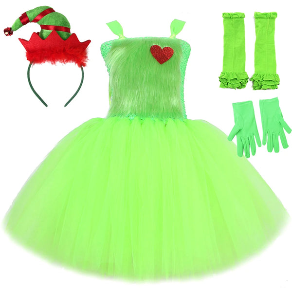 Green Monster Grinch Costumes for Girls Christmas Tutu Dress with Hat Bow Gloves Socks Kids Xmas Carnival Party Cosplay Outfits