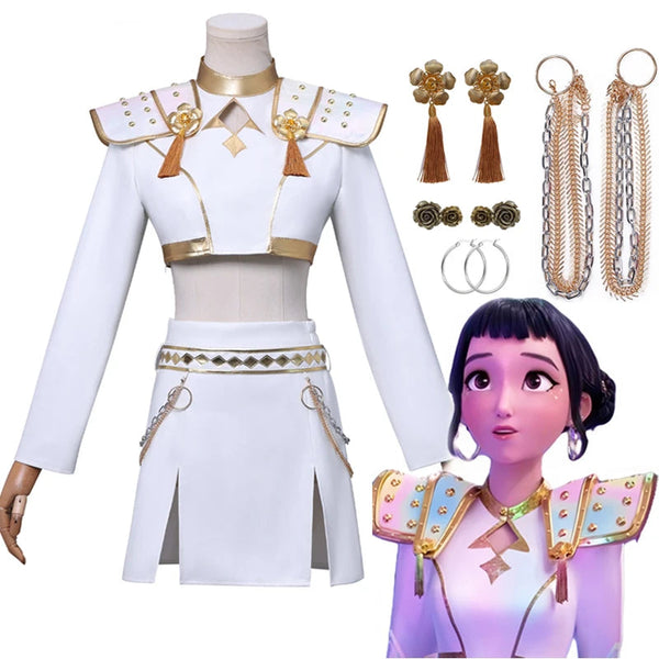 White and gold costume with accessories on a mannequin and character illustration.