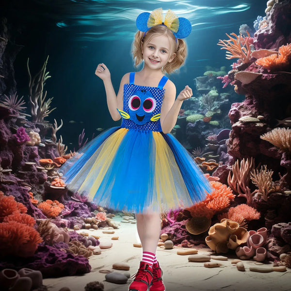 Latest Girls Cartoon Fish Costume Tutu Dress Kids Tulle Party Dresses Sea Cosplay Costume Fancy Dress Outfit for Baby Birthday