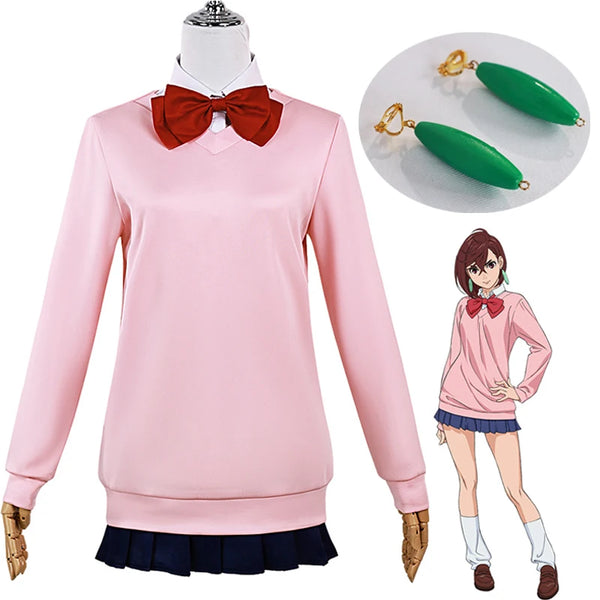 Momo Ayase Cosplay Costume Anime Dandadan Pink Top Blue Skirt School Uniform Earrings Props Halloween Party for Women