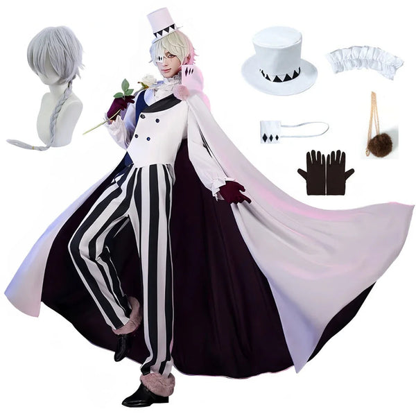 Cosplay costume set with outfit, accessories, and wig on a white background