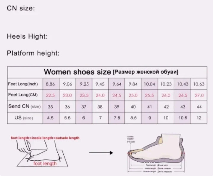 Shoe size chart for women with heel height and platform height information, featuring the brand 'XINGDIKU'.