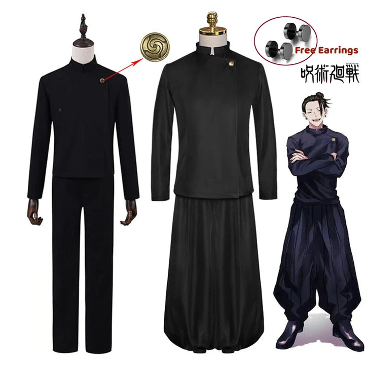 Black cosplay costume set with accessories on mannequins and a character illustration.