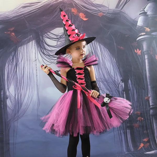 Disguisese a Witch Costume for Girls Halloween Tutu Knee Dress with Hat Broom Pantyhoses Kids Carnival Cosplay Party Outfit Set