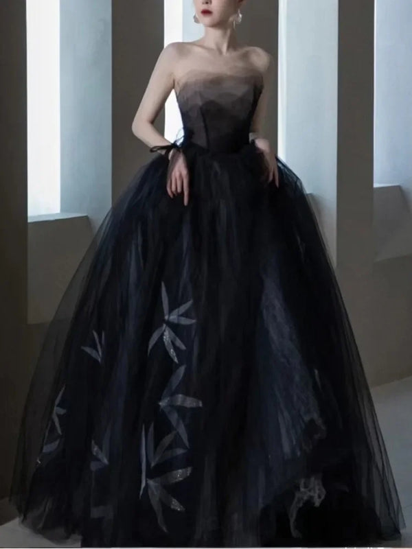 French Simple Temperament Strapless Evening Dresses Slim Waist Printed Wedding Party Dress Elegant Formal Robe Prom Vestidos