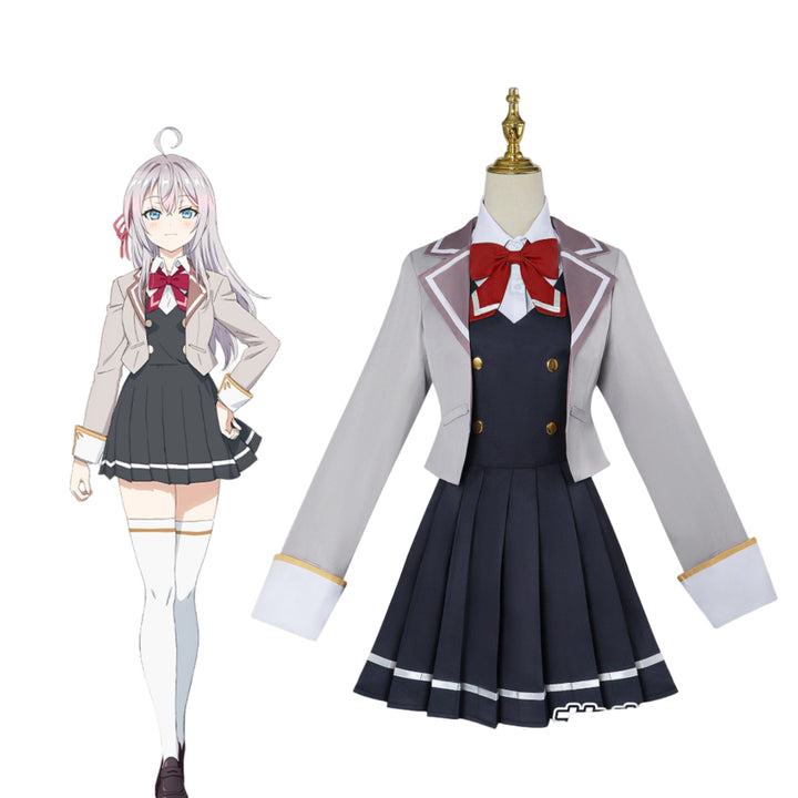 Cosplay costume of a character with a matching outfit on a mannequin, featuring a jacket, skirt, and bow tie.