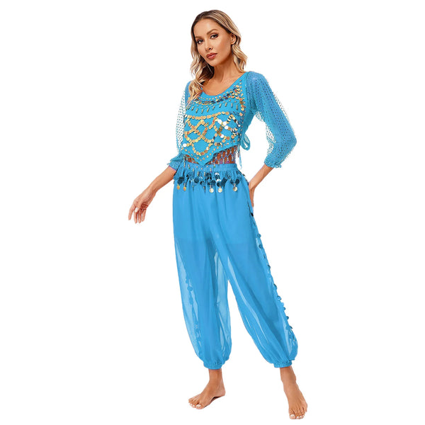 Womens Belly Dance Costumes Sequin Long Sleeve Self-tie Back Crop Tops with Side Split Bloomers Pants Chiffon Bellydance Outfit