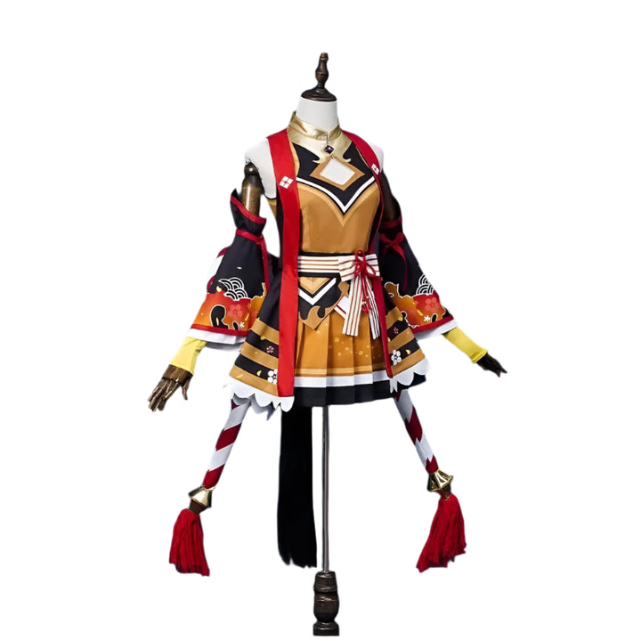 Costume on a mannequin against a dark blue background with decorative elements.