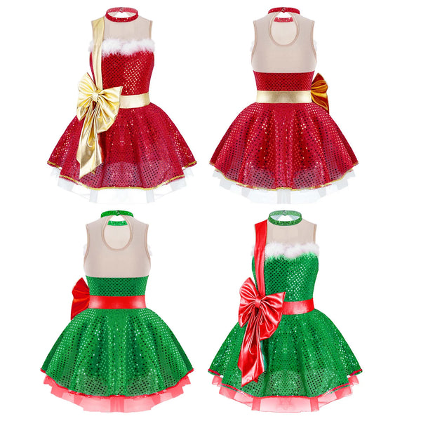 4-16Y Girls Christmas Costume Ballet Dance Figure Skating Dress Sleeveless Bowknot Sequin Mesh Leotard Tutu Latin Dancewear