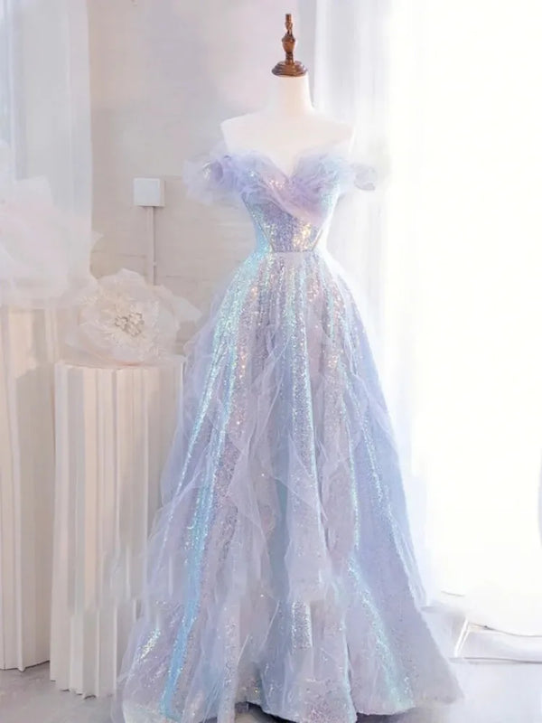 Slash Collar Sequined Elegant Prom Robe Slim Mesh Design Sexy Wedding Party Dress Princess Fairy Temperament Evening Dresses