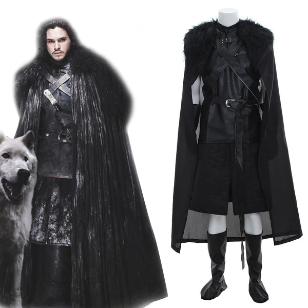 TV Series Jon Cosplay Snow Fantasia Costume Men Black Combat Uniform with Cloak Full Set Halloween Carnival Party Warrior Suit