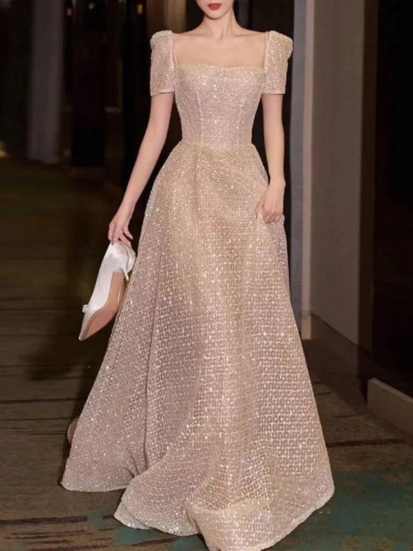 French Simple Elegant Wedding Party Vestidos Slim Waist Puff Sleeve Sequined Evening Dresses Long Sleeve Square Collar Prom Robe