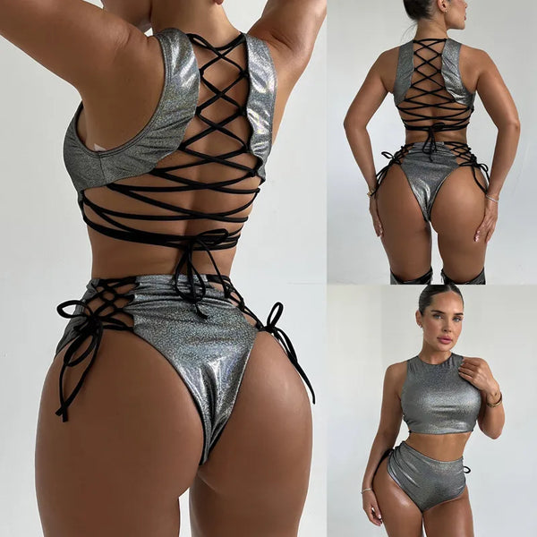 New Exotic Pole Dance Set Women Nightclub Bikini Rave Festival Clothing Halter Dance Costume Top Shorts Stage Show Sexy Outfit