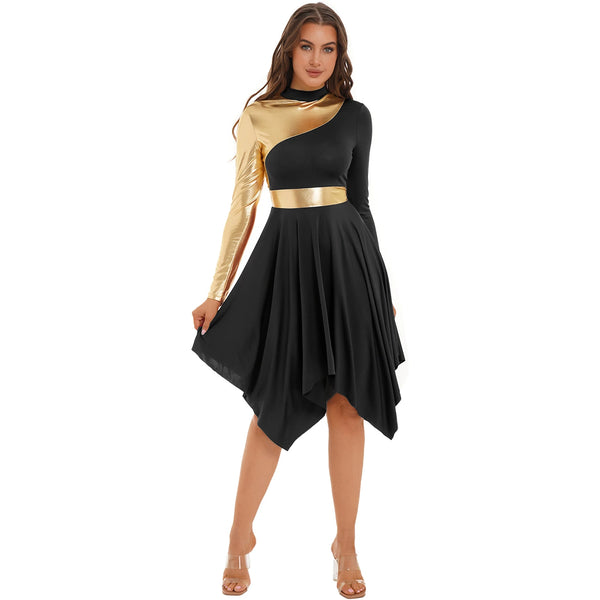 Women's Long Sleeve Praise Dance Tunic Dress Liturgical Worship Dance Costume Color Block Lyrical Dress Ballroom Dance Clothing