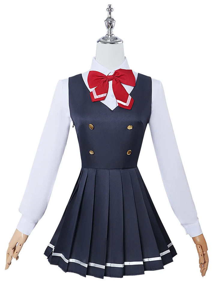 Navy blue school uniform with red bow tie on a mannequin against a white background