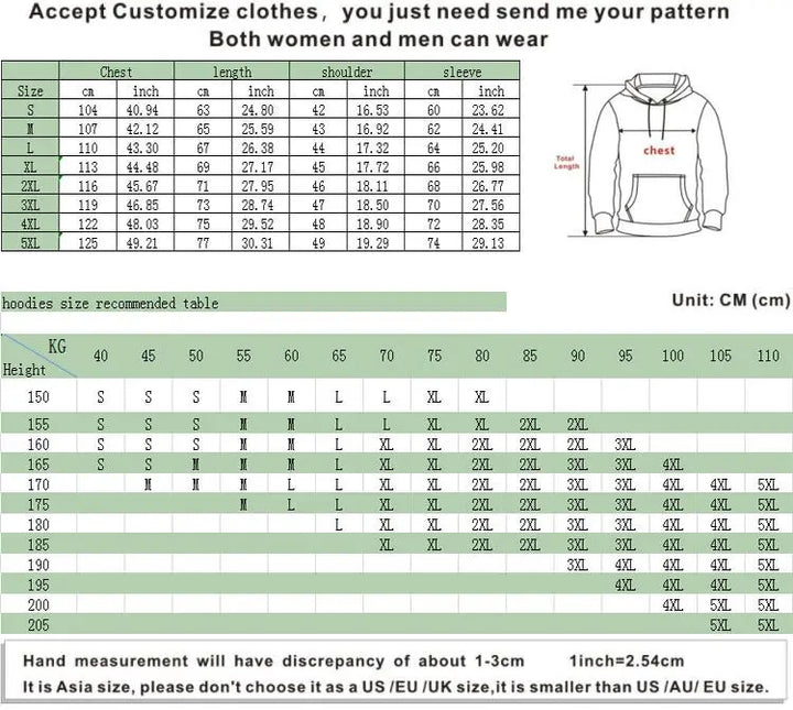 Size chart for customizable hoodies with measurements in centimeters and kilograms.