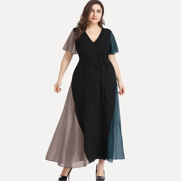 Plus Size V-neck Summer Elegant Chiffon Party Dress Women Short Sleeve Maxi Casual Dress Sash Waist Fit Flare Evening Dress 6XL