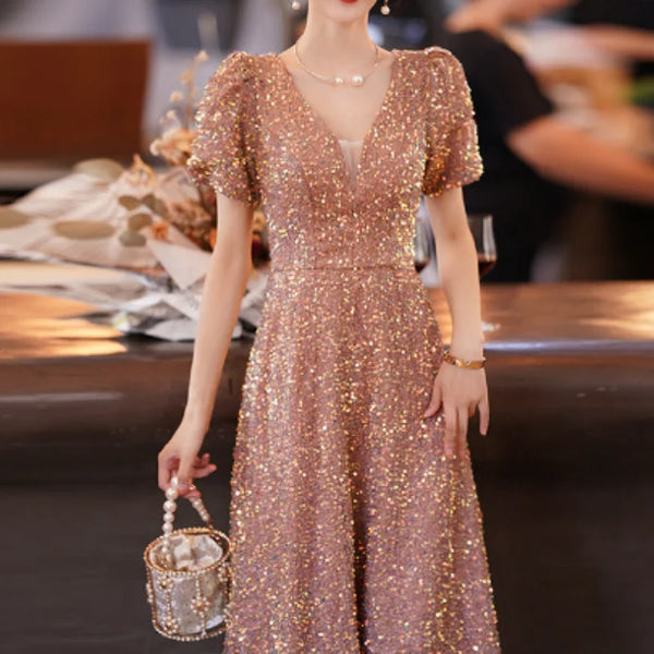 French Style Temperament Evening Dresses V-neck Slim Waist Prom Dress Sequins Elegant 2024 Summer Simple Wedding Vestidos Women