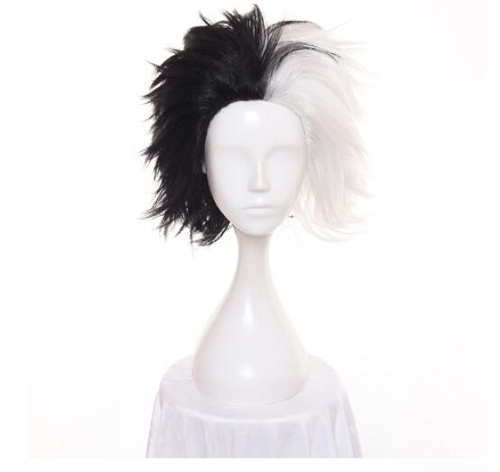 30cm Half Black And White Fluffy Short Layered Synthetic Wigs 101 Dalmatians ICruella Devil Cosplay Wig