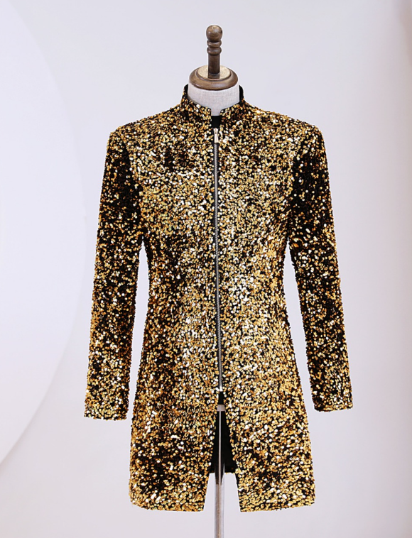 Men's gold velvet sequin stand-up collar medium and long style performance suit casual jacket male singer banquet show