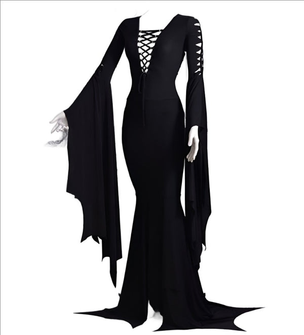 Large Size Cos Morticia Addams Floor Dress Costume Adult Women Punk Gothic Witch Vintage Sexy Hollow Lace Up Slim Gown Dress