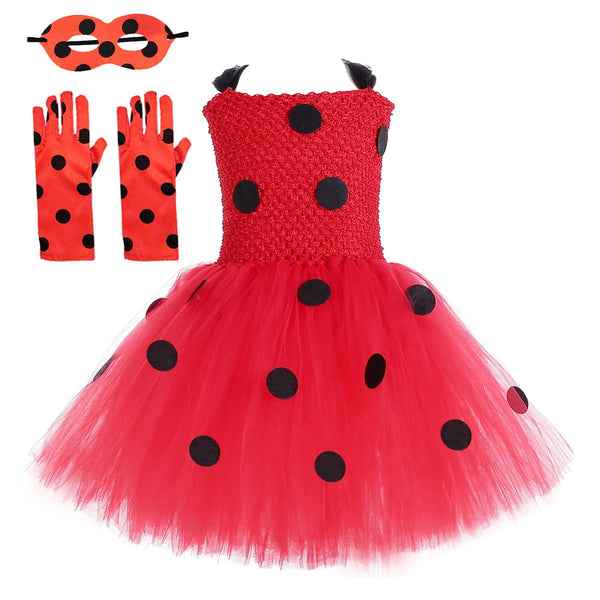 Lady B Beetle Tutu Dress for Girls Kids Cartoon Character Costume Halloween Carnival Children Anime Dresses Outfit with Mask Glove