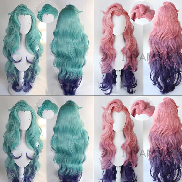 Seraphinene Cosplay Wig LoLs KDAda Cosplay Loose Wave Green mixed Purple Wigs Pink Mixed Heat Resistant Synthetic Hair Game + Wig Cap