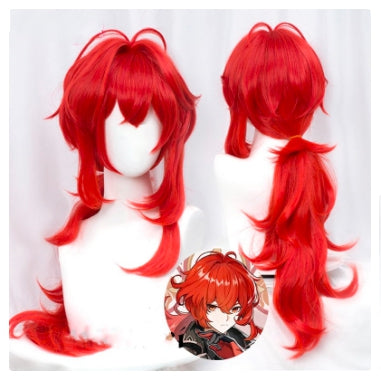 Genshin Impact Diluc Cosplay 60cm Long Red Wig Cosplay Anime Cosplay Wigs Heat Resistant Synthetic Wigs Halloween